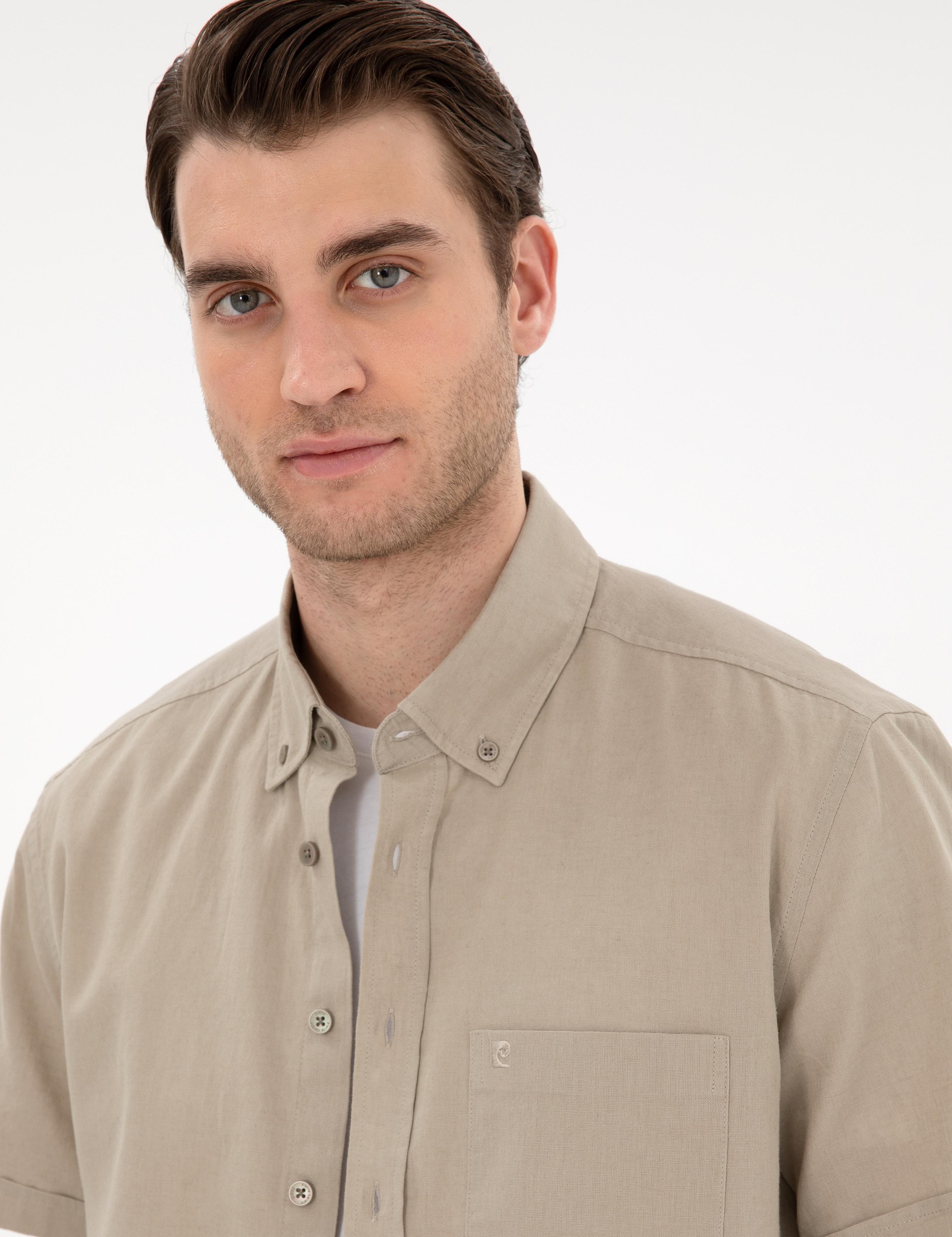 Haki Keten Karışımlı Regular Fit Kısa Kollu Gömlek