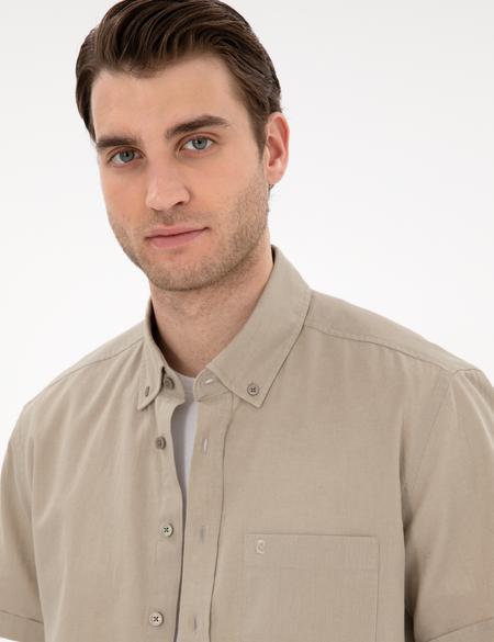 Haki Keten Karışımlı Regular Fit Kısa Kollu Gömlek - 50303418006