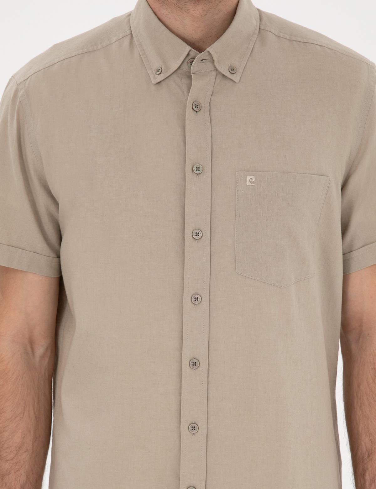 Haki Keten Karışımlı Regular Fit Kısa Kollu Gömlek - 50303418006