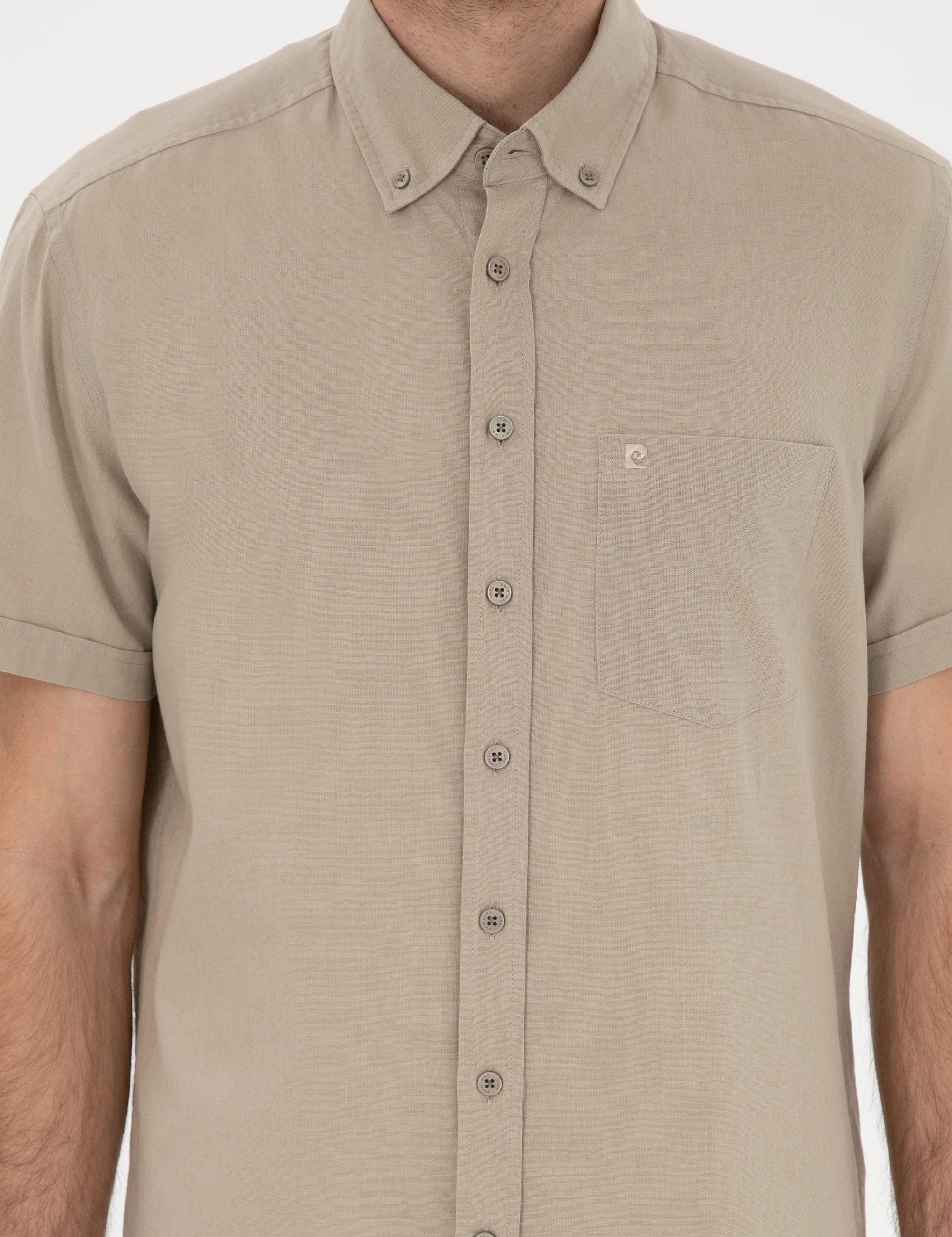 Haki Keten Karışımlı Regular Fit Kısa Kollu Gömlek