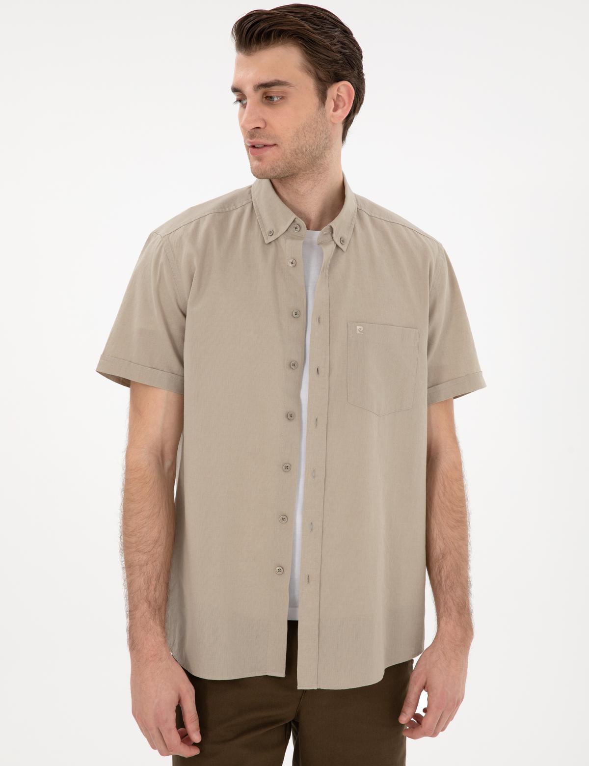 Haki Keten Karışımlı Regular Fit Kısa Kollu Gömlek - 50303418006