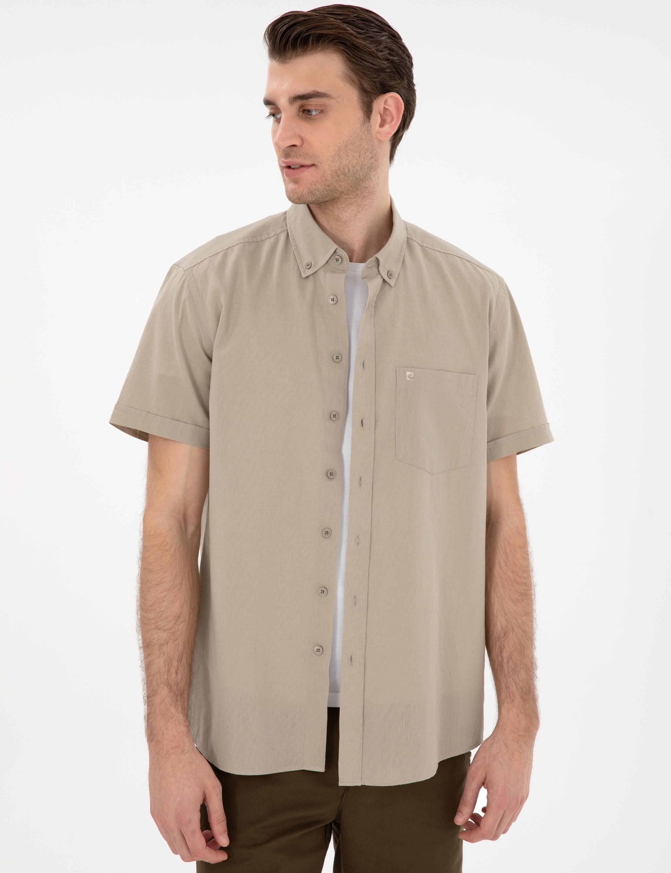 Haki Keten Karışımlı Regular Fit Kısa Kollu Gömlek