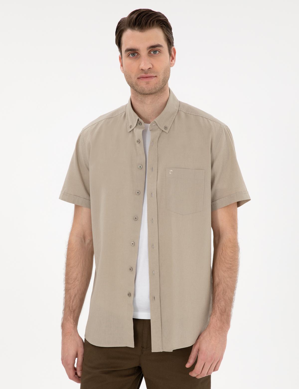Haki Keten Karışımlı Regular Fit Kısa Kollu Gömlek