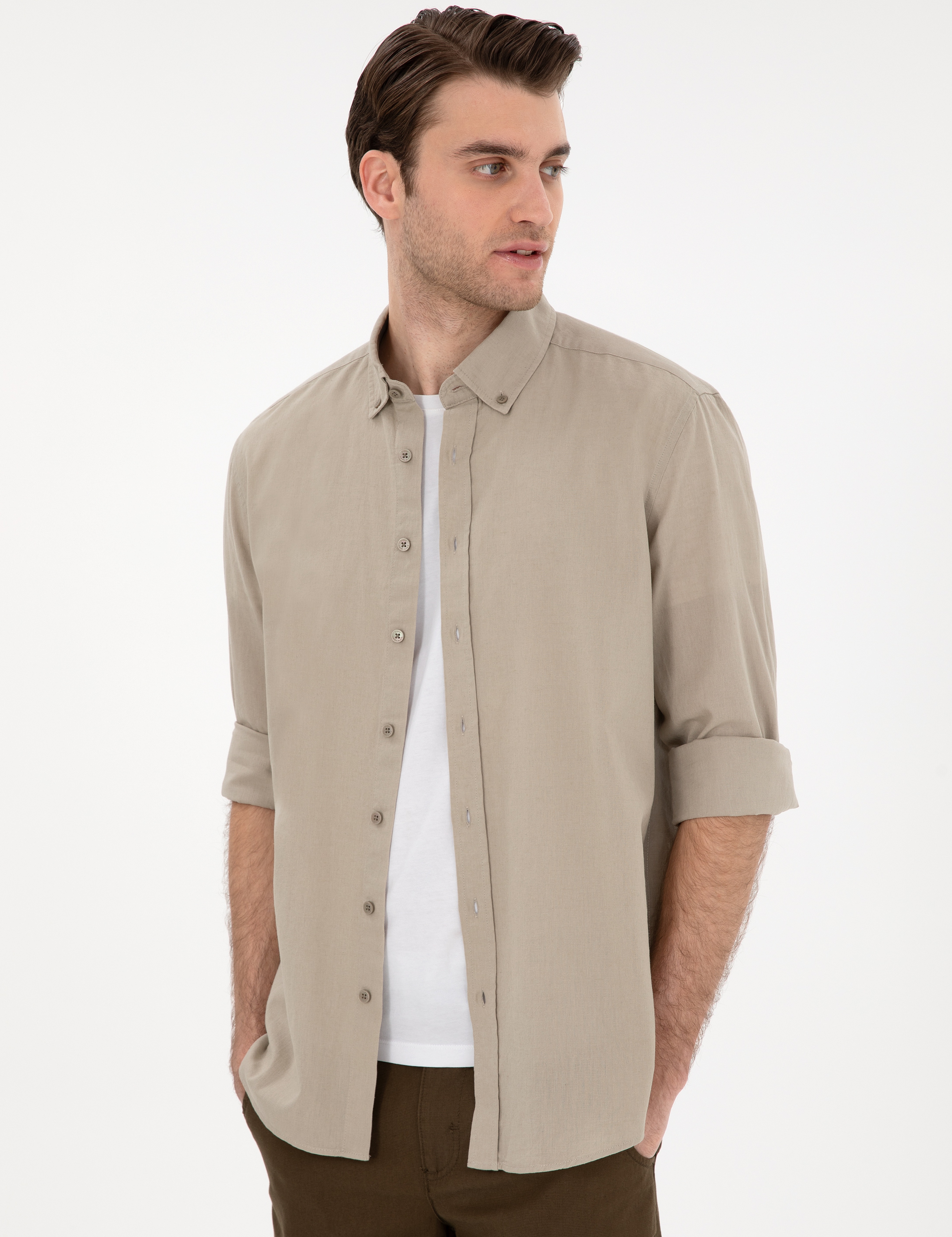 Haki Keten Karışımlı Regular Fit Uzun Kollu Gömlek - Image 3