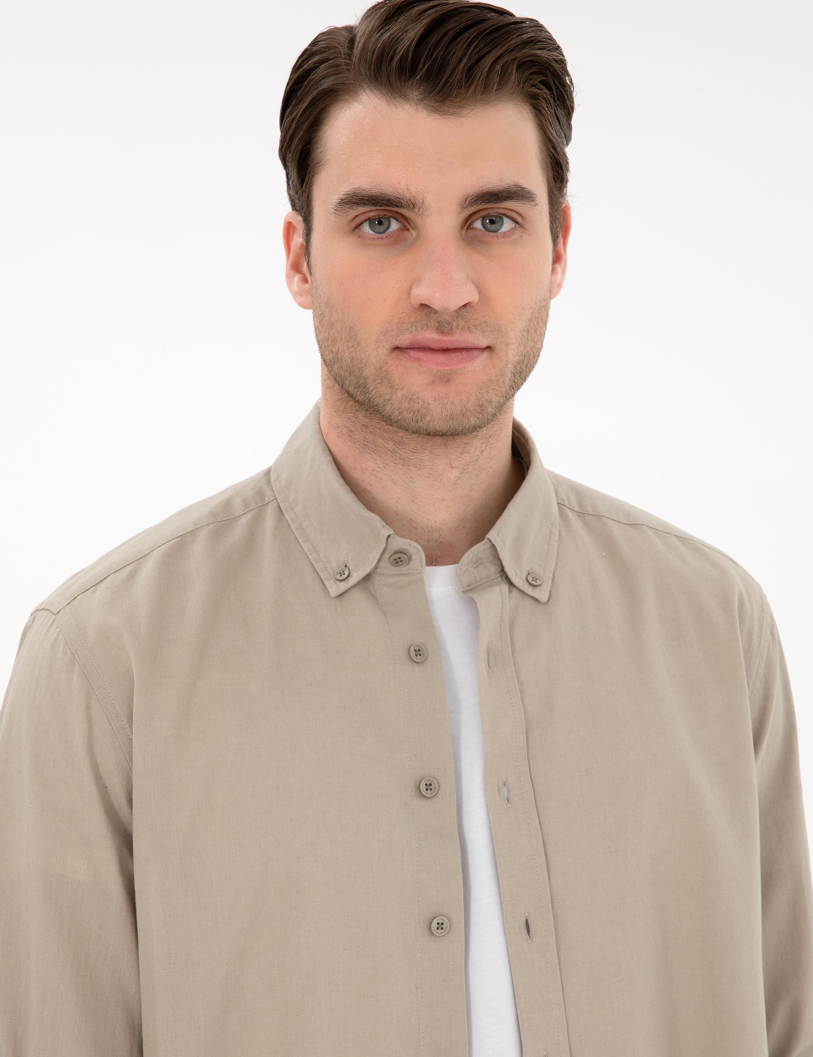 Haki Keten Karışımlı Regular Fit Uzun Kollu Gömlek