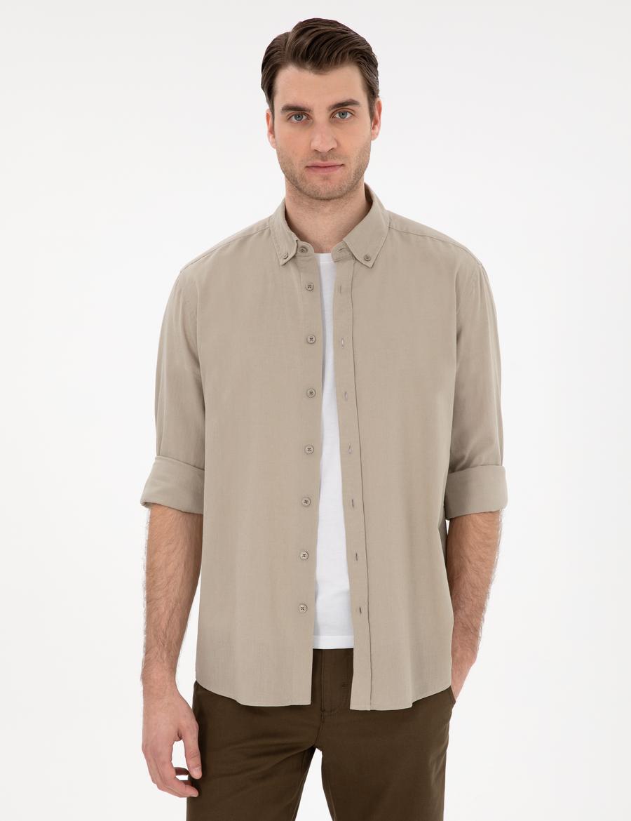 Haki Keten Karışımlı Regular Fit Uzun Kollu Gömlek