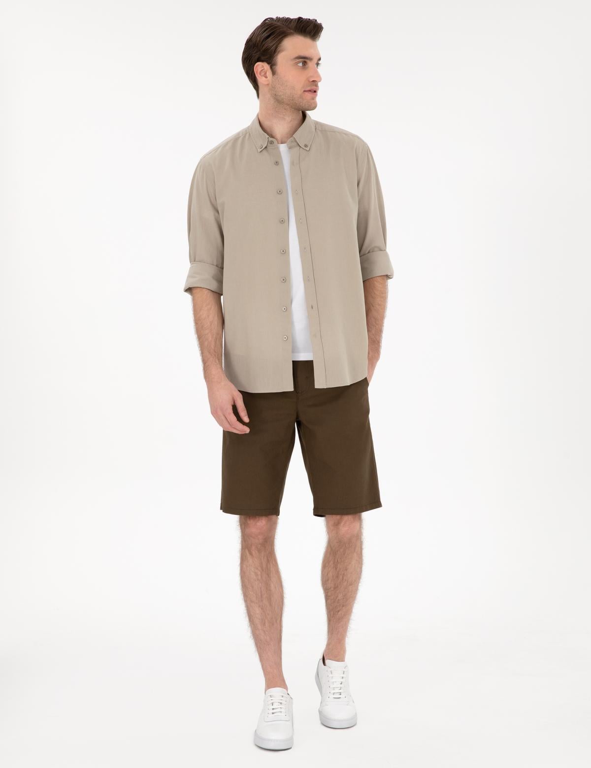 Haki Keten Karışımlı Regular Fit Uzun Kollu Gömlek - 50303388016