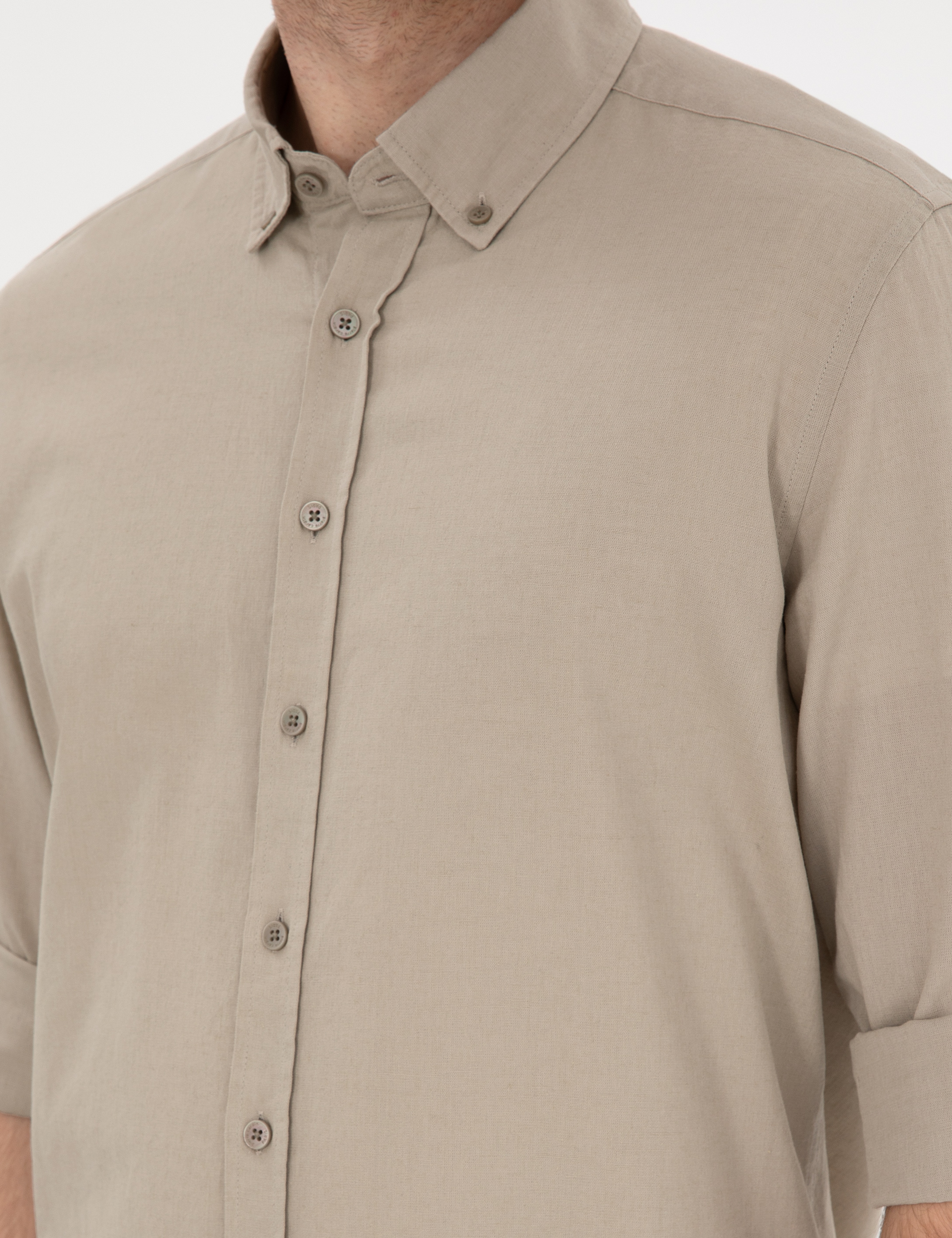 Haki Keten Karışımlı Regular Fit Uzun Kollu Gömlek - Image 7