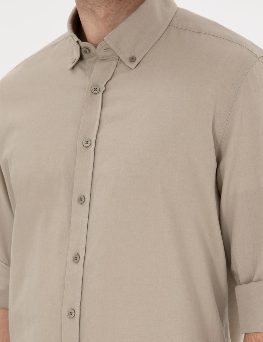 Haki Keten Karışımlı Regular Fit Uzun Kollu Gömlek