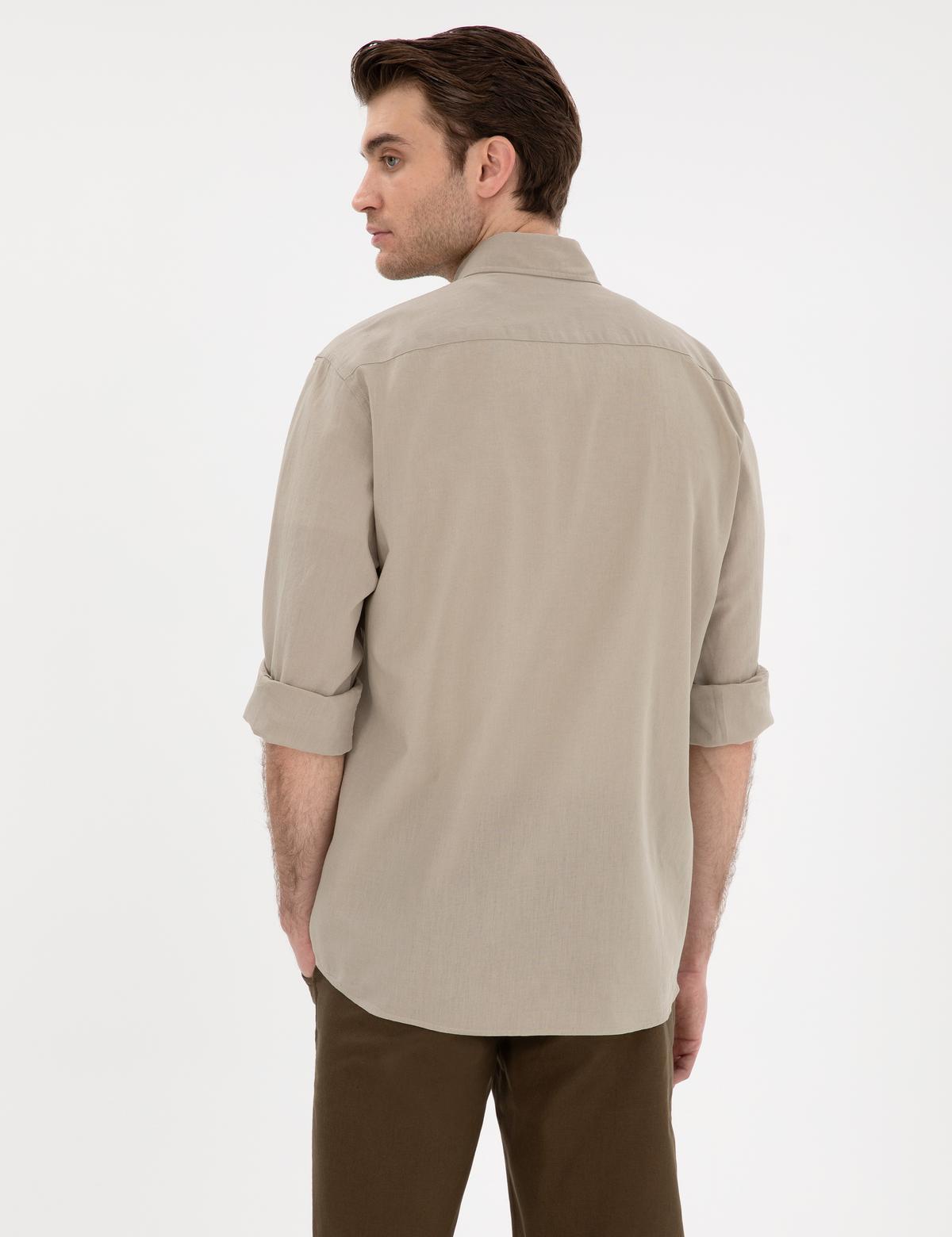 Haki Keten Karışımlı Regular Fit Uzun Kollu Gömlek - 50303388016