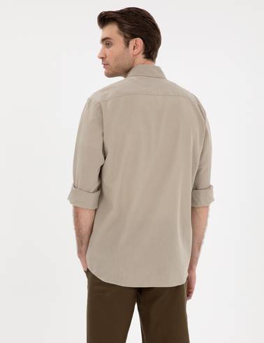 Haki Keten Karışımlı Regular Fit Uzun Kollu Gömlek