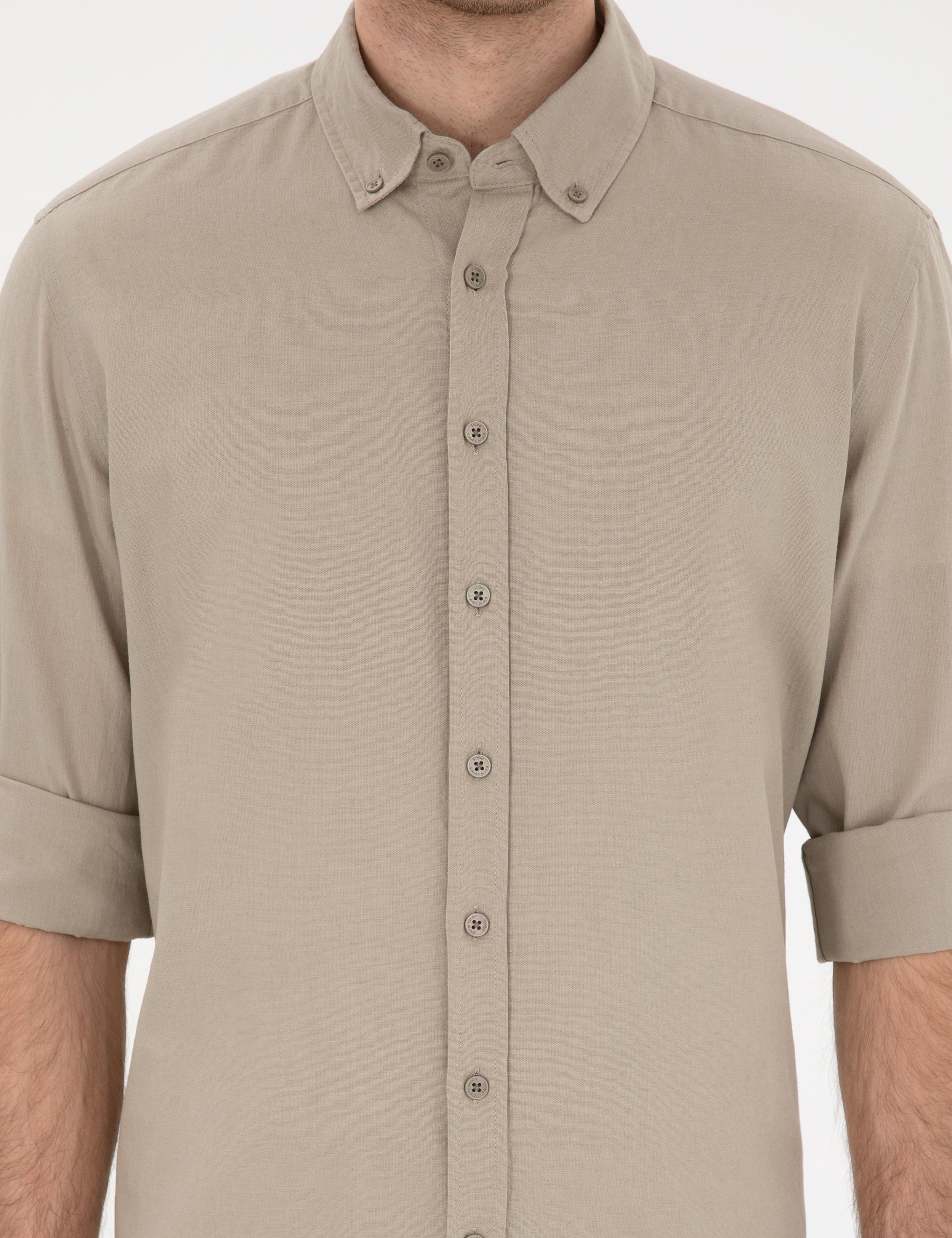 Haki Keten Karışımlı Regular Fit Uzun Kollu Gömlek