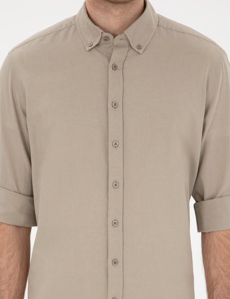 Haki Keten Karışımlı Regular Fit Uzun Kollu Gömlek - 50303388016