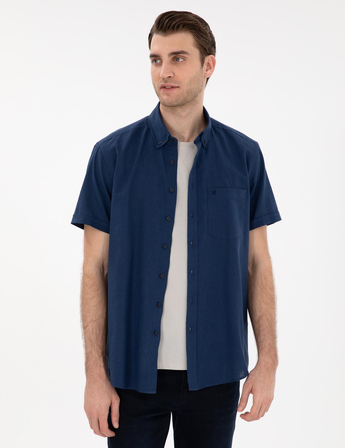 Lacivert Keten Karışımlı Regular Fit Kısa Kollu Gömlek