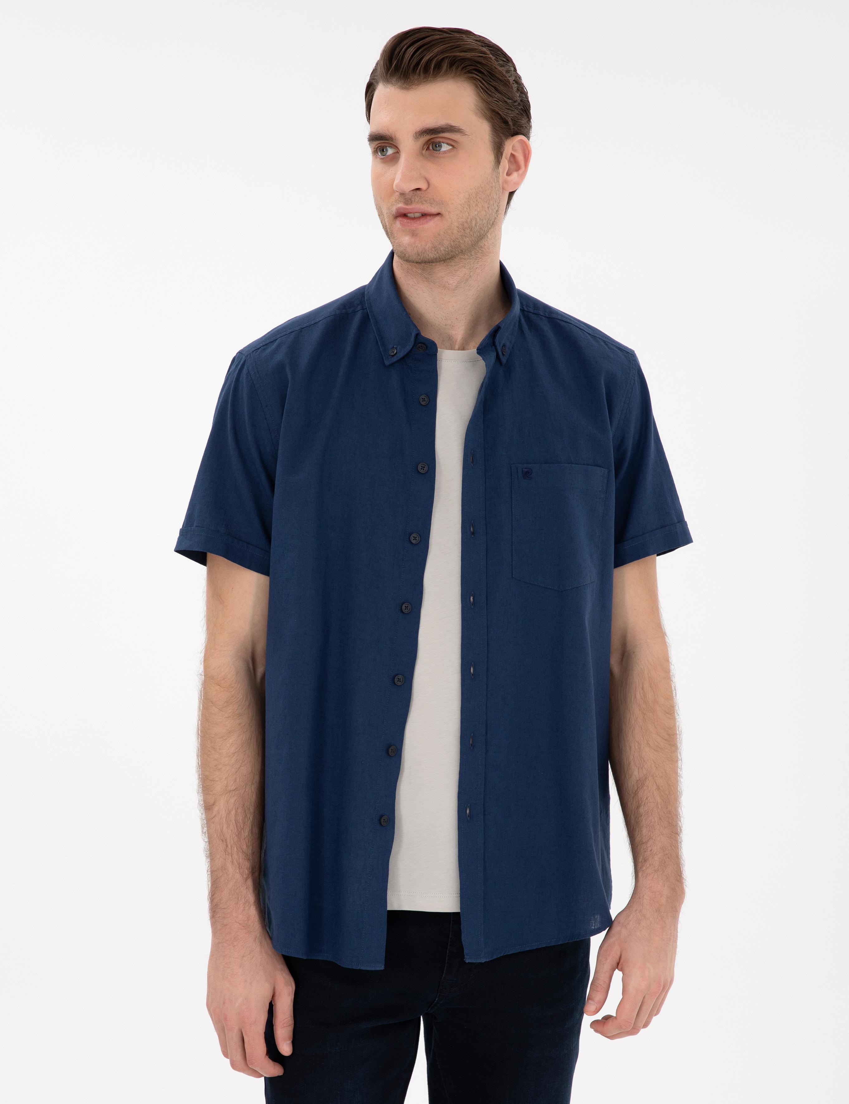 Lacivert Keten Karışımlı Regular Fit Kısa Kollu Gömlek