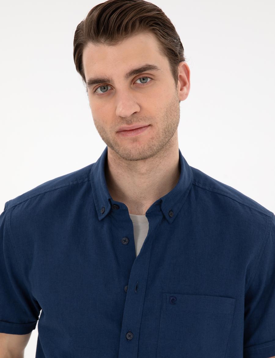 Lacivert Keten Karışımlı Regular Fit Kısa Kollu Gömlek