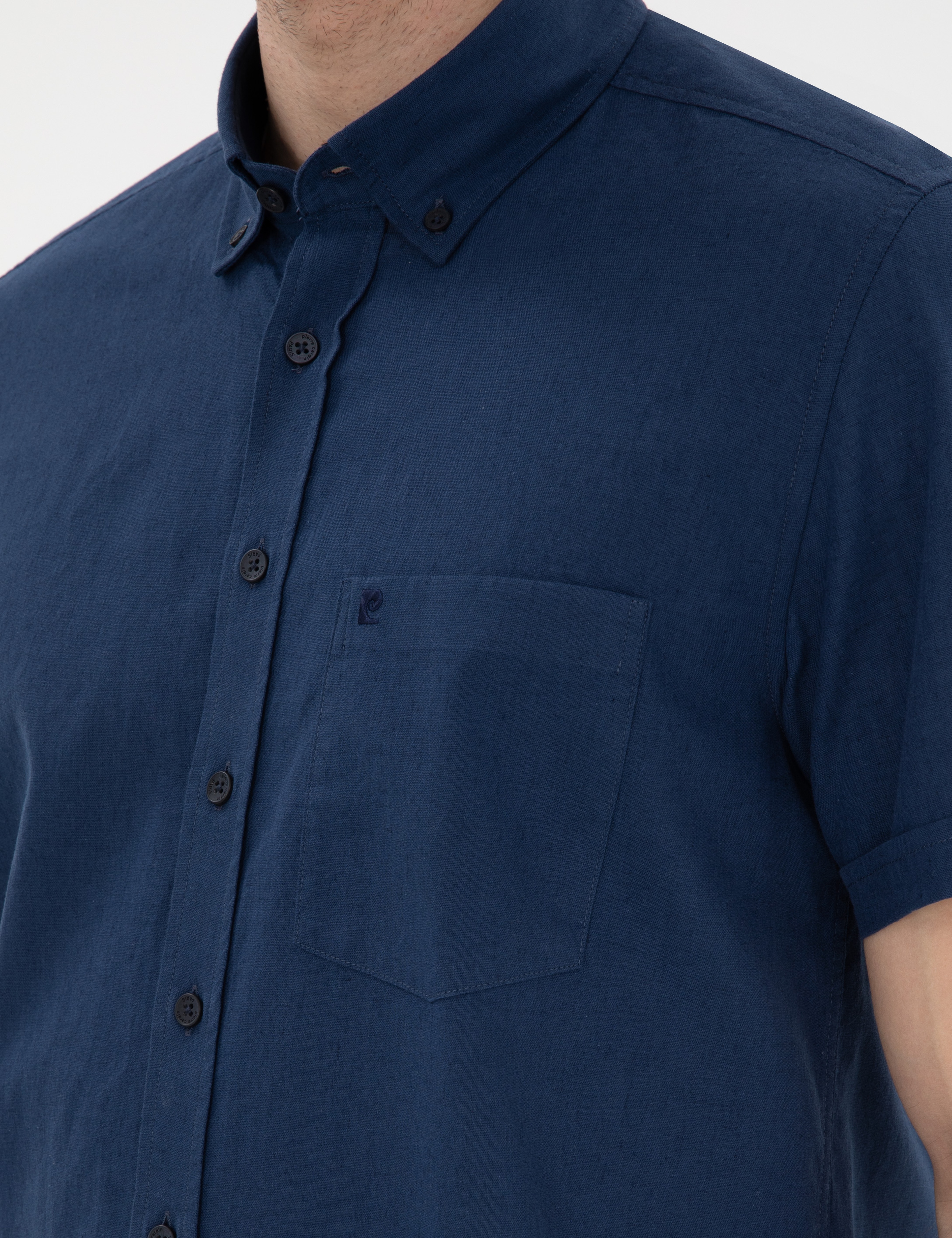 Lacivert Keten Karışımlı Regular Fit Kısa Kollu Gömlek - Image 7