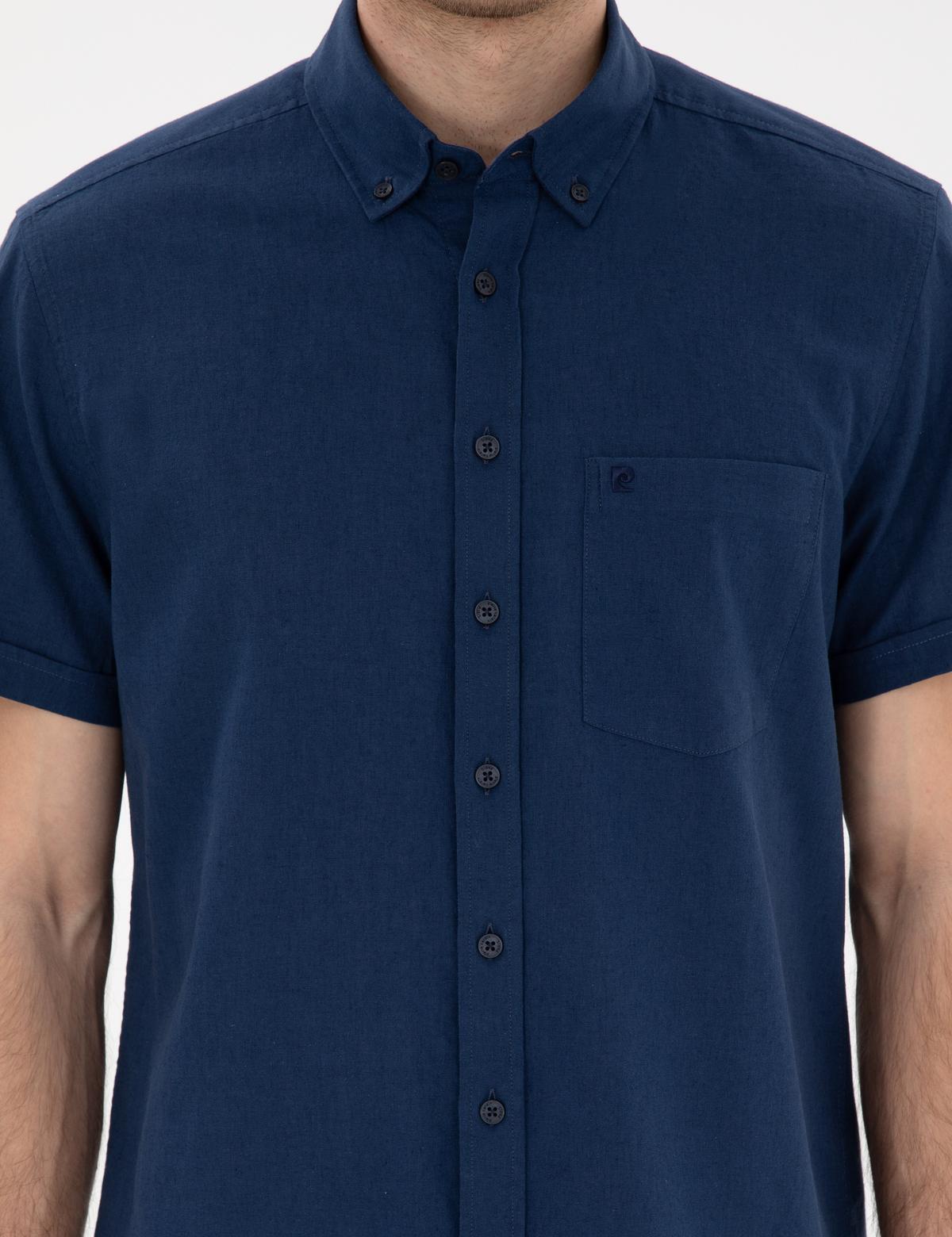 Lacivert Keten Karışımlı Regular Fit Kısa Kollu Gömlek - 50303418044