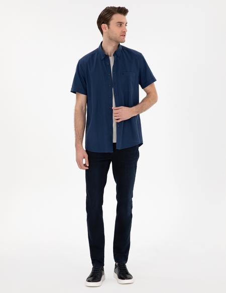 Lacivert Keten Karışımlı Regular Fit Kısa Kollu Gömlek - 50303418044