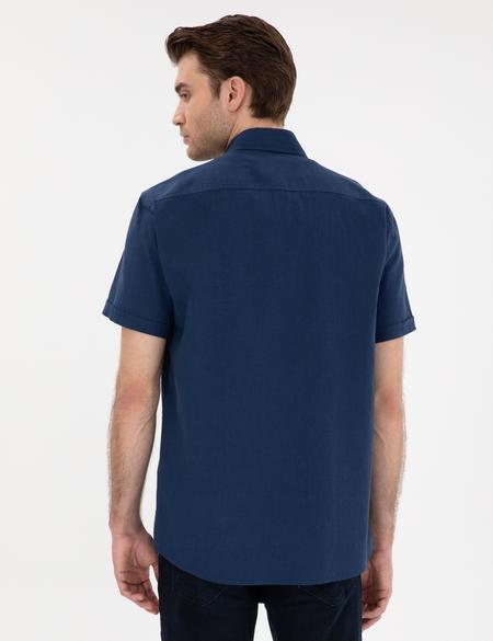 Lacivert Keten Karışımlı Regular Fit Kısa Kollu Gömlek - 50303418044
