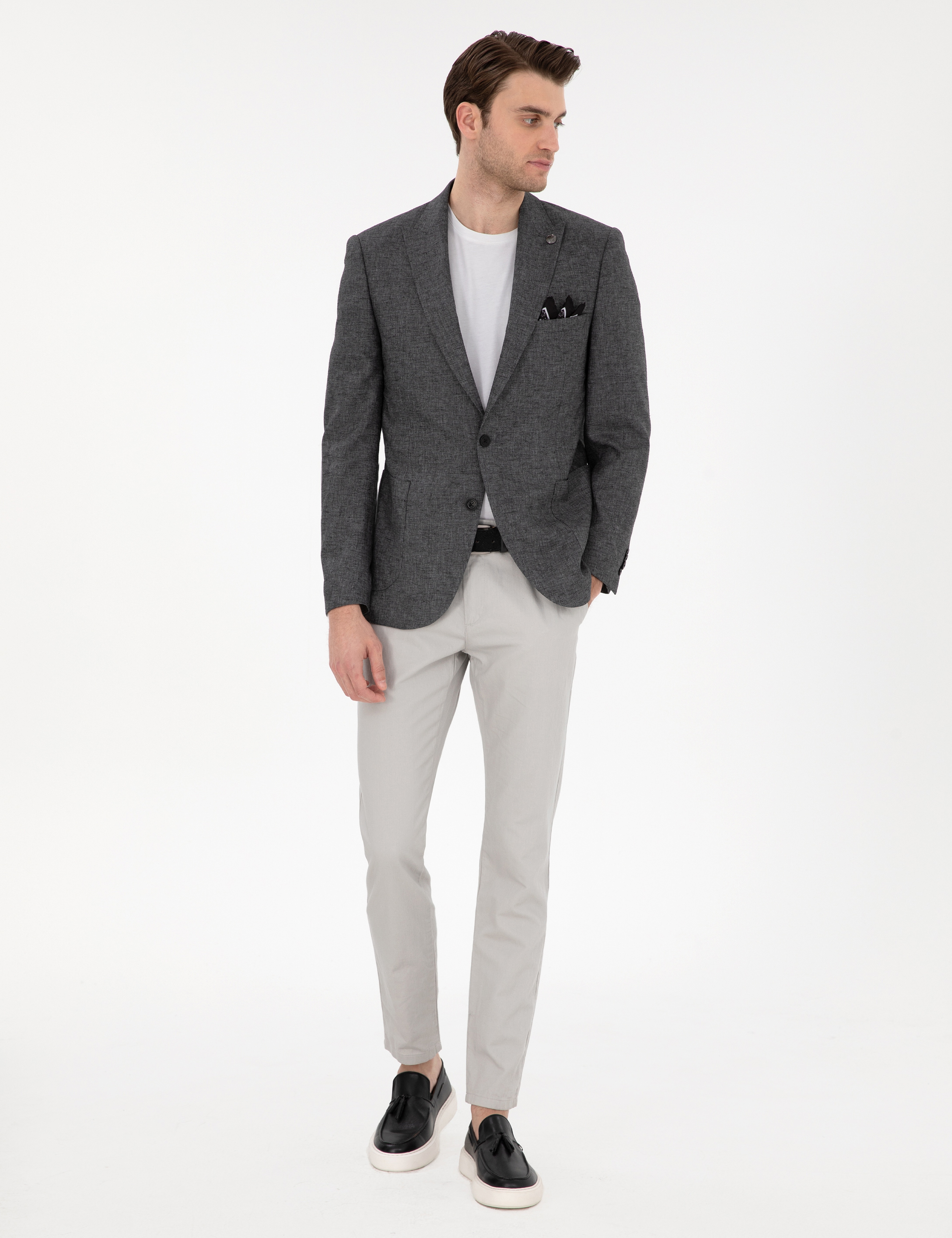 Antrasit Extra Slim Fit Keten Karışımlı Ceket - Image 4