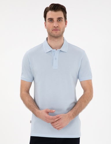 Açık Mavi Slim Fit %100 Pamuk Kıvrılmaz Düğmeli Polo Yaka Basic Tişört