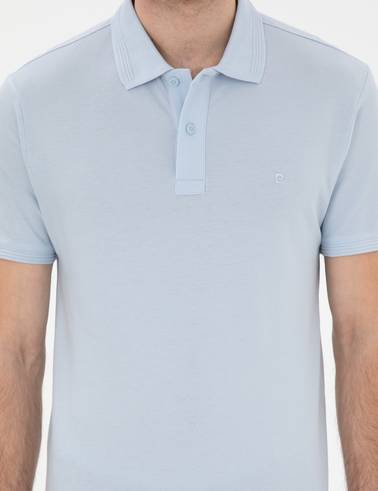 Açık Mavi Slim Fit Kıvrılmaz Yaka Basic Tişört