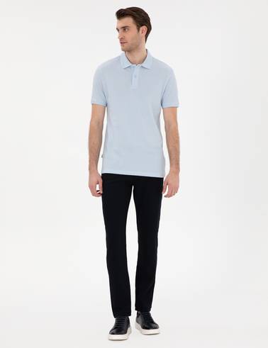Açık Mavi Slim Fit Kıvrılmaz Yaka Basic Tişört