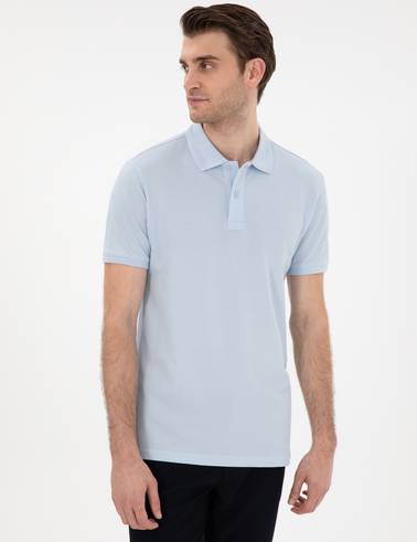 Açık Mavi Slim Fit Kıvrılmaz Yaka Basic Tişört