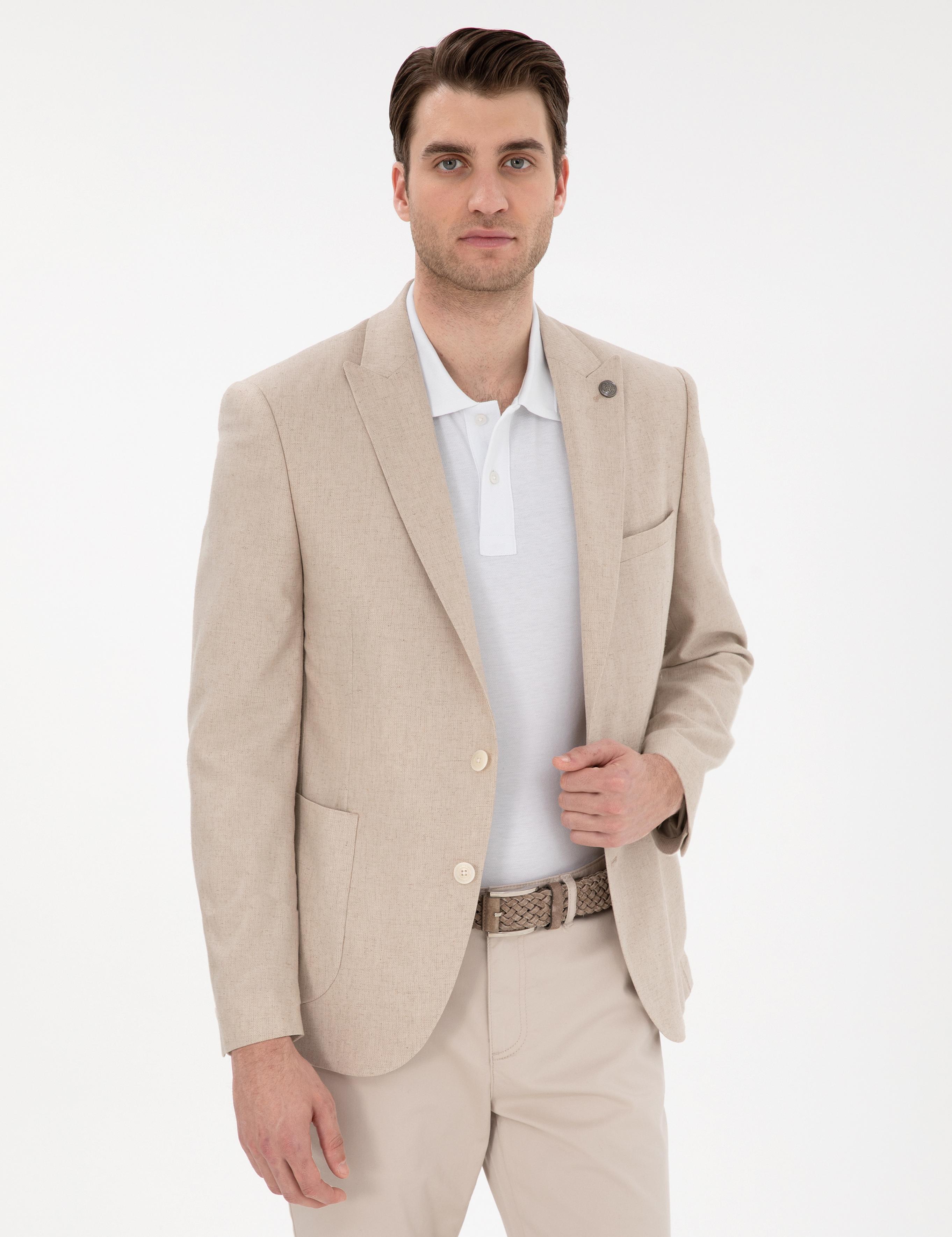 Bej Ex. Slim Fit Keten Karışımlı Ceket