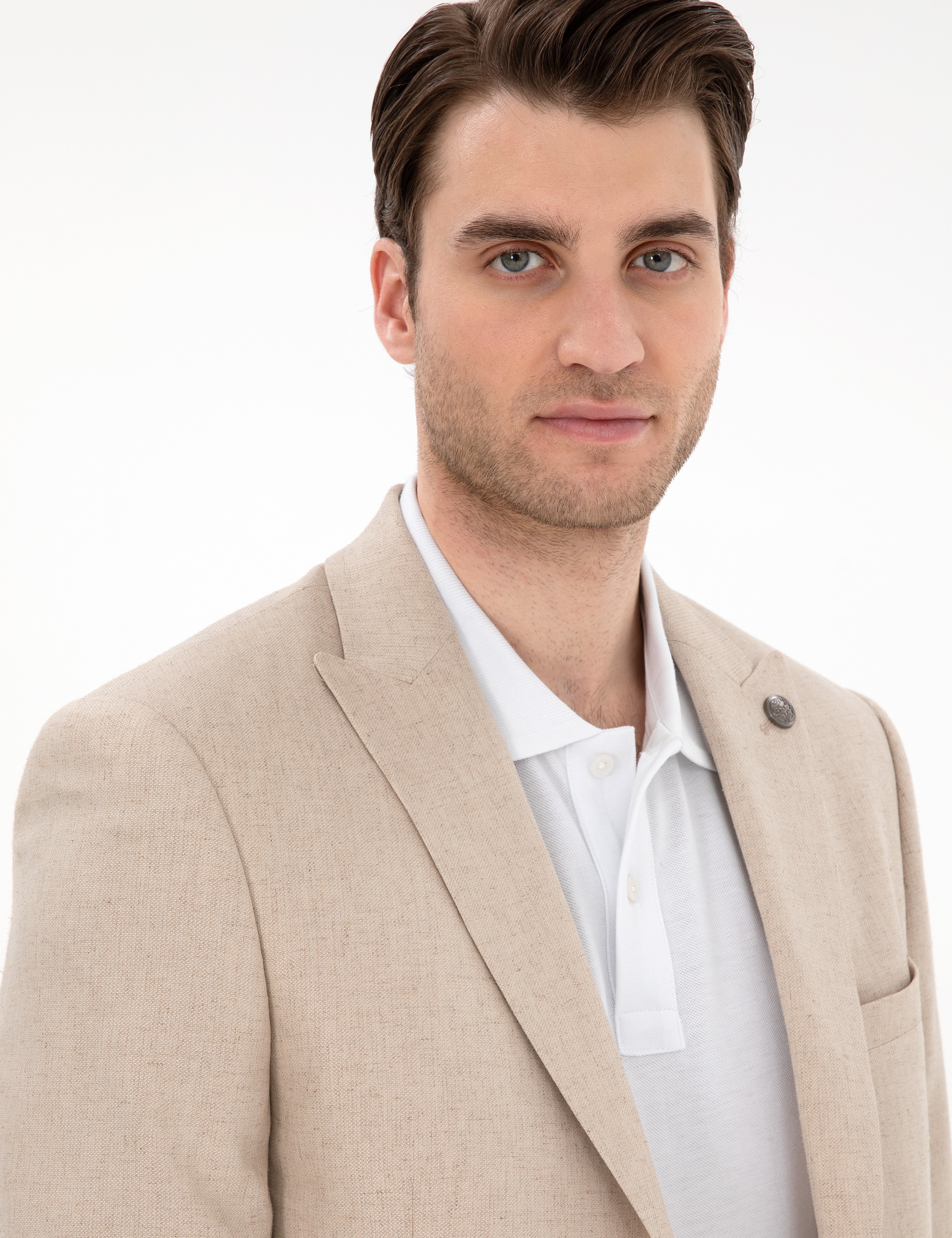 Bej Extra Slim Fit Keten Karışımlı Ceket - Image 2