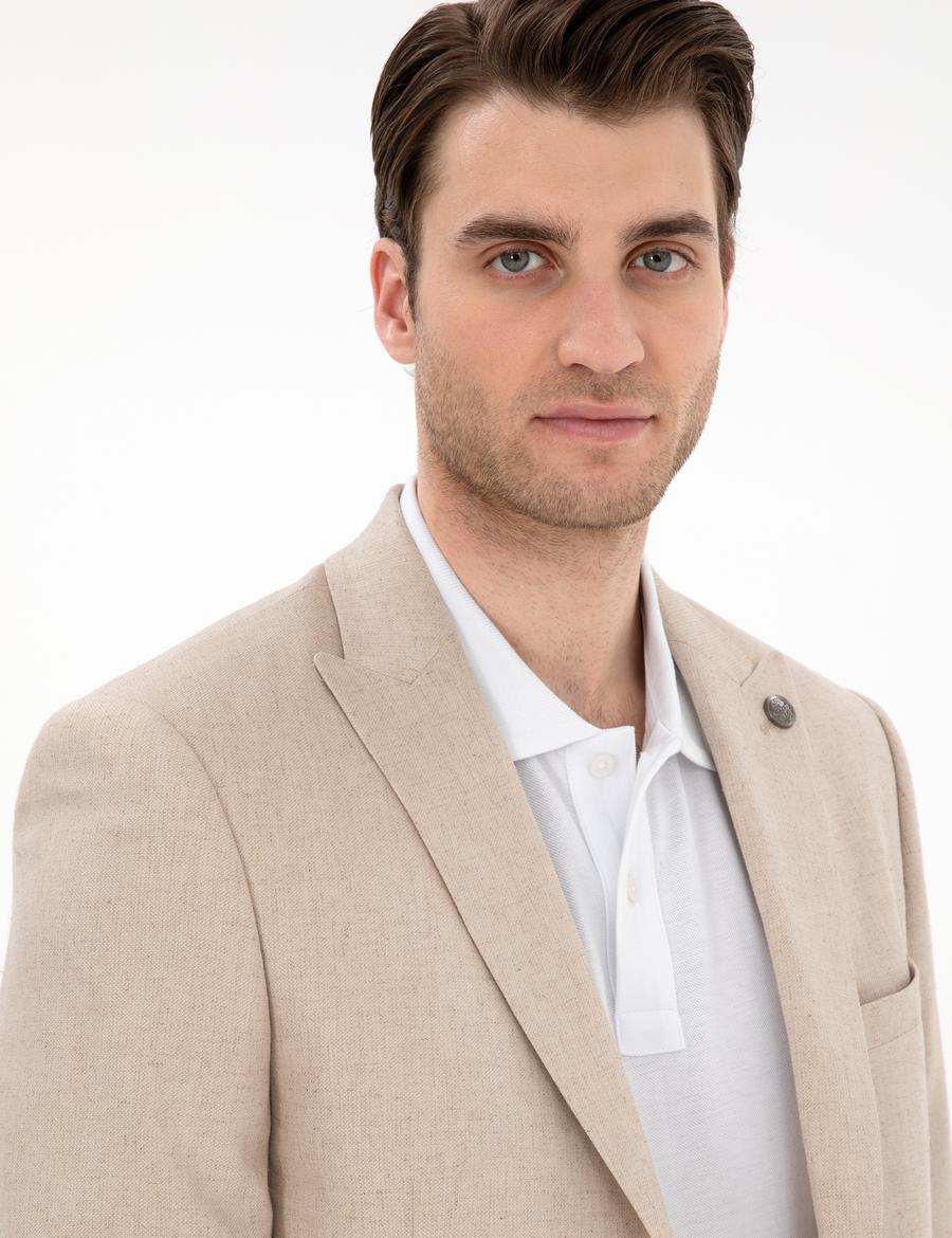Bej Ex. Slim Fit Keten Karışımlı Ceket
