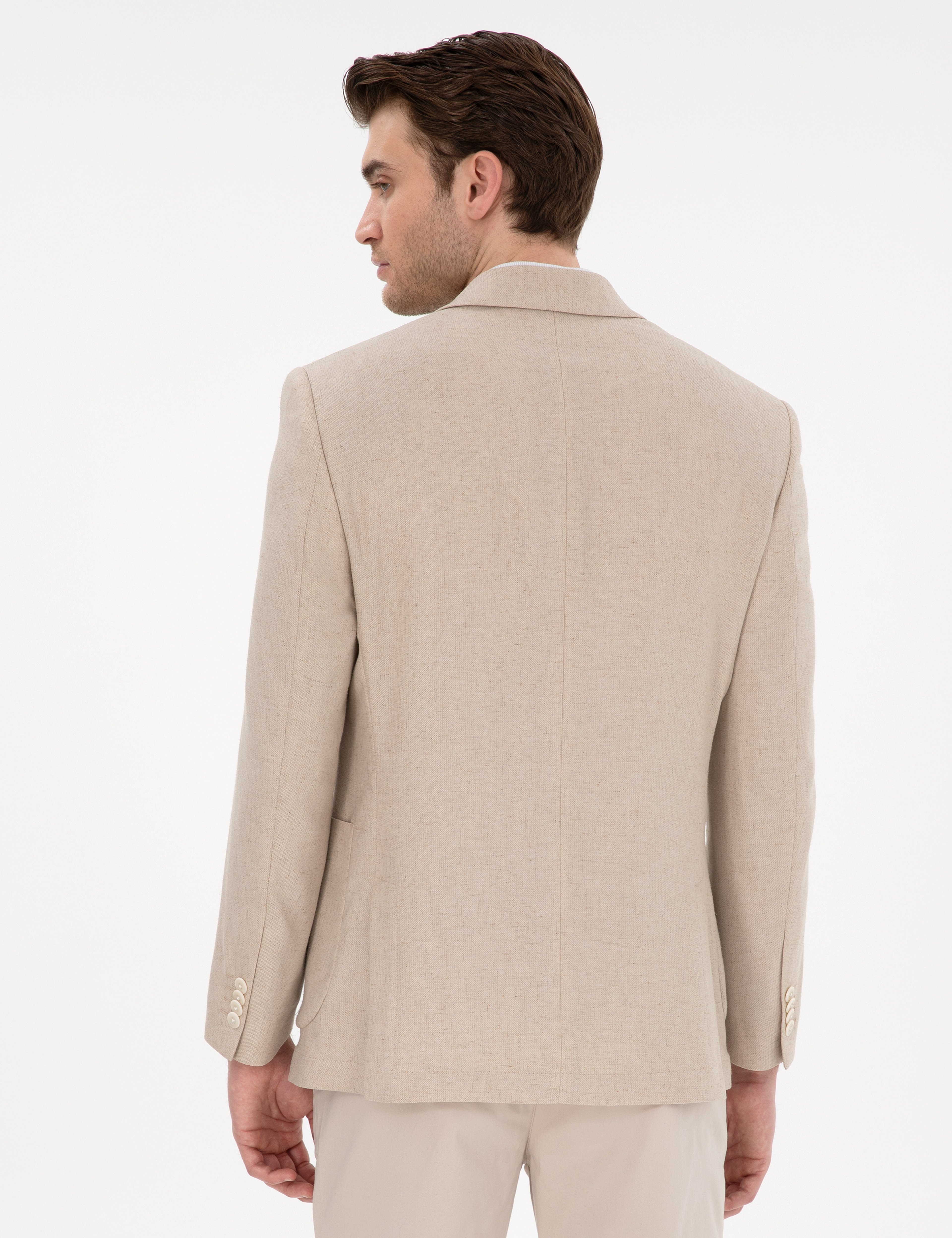Bej Extra Slim Fit Keten Karışımlı Ceket