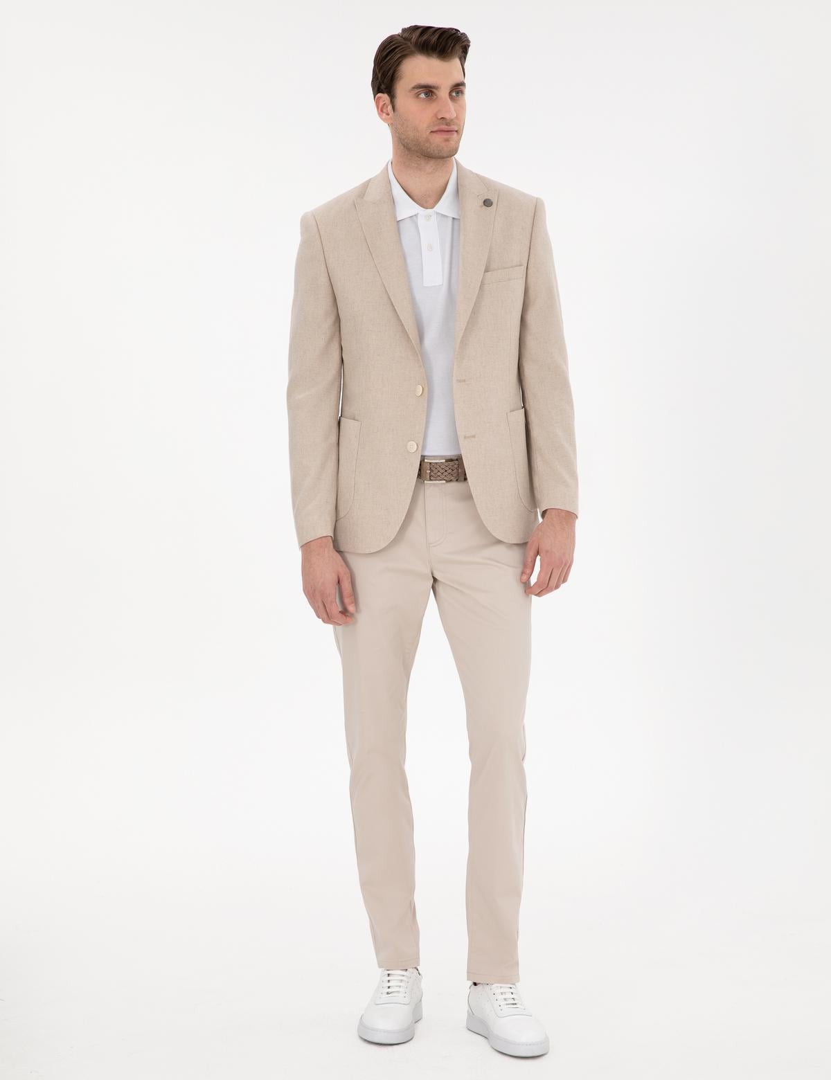 Bej Ex. Slim Fit Keten Karışımlı Ceket - 50303816116