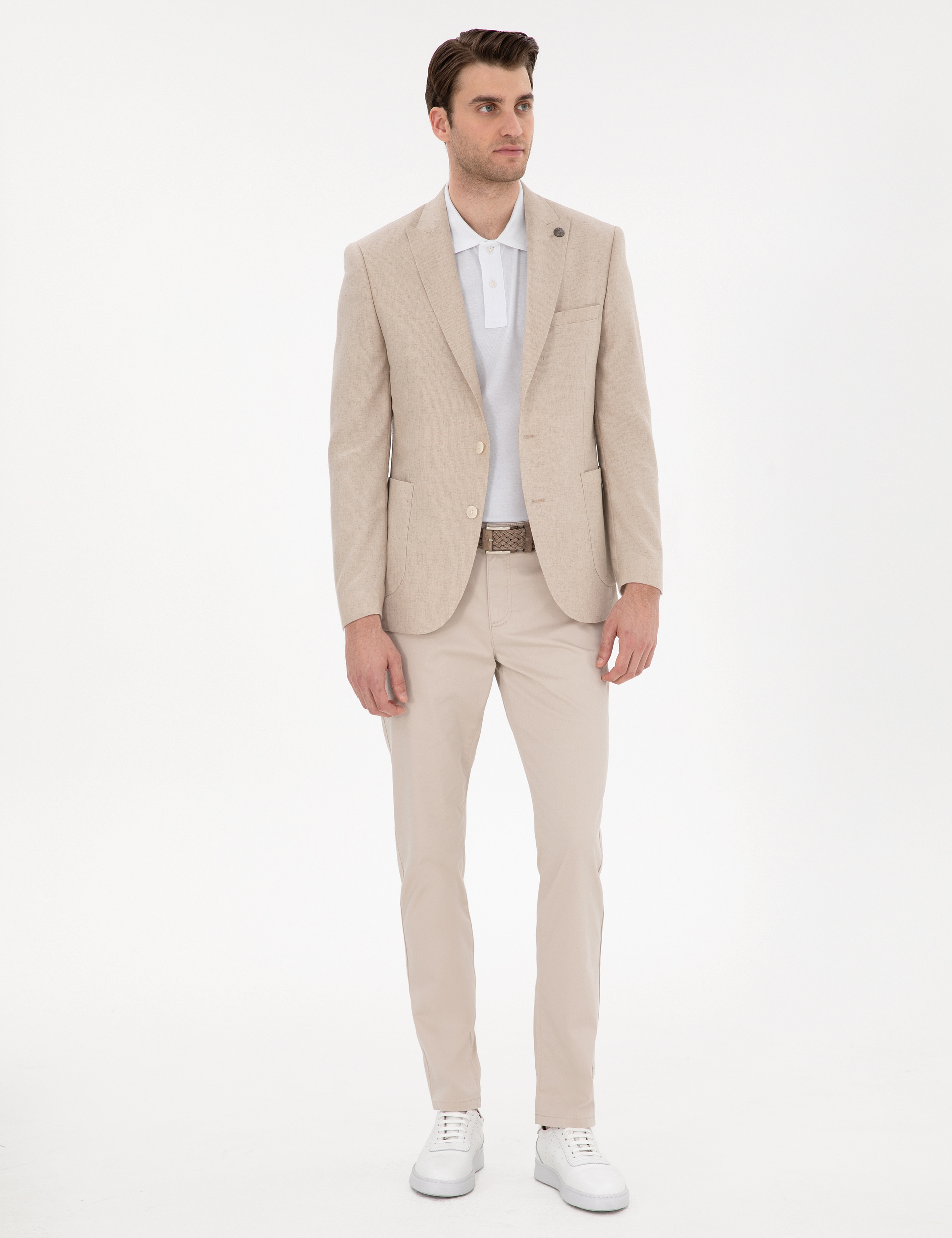Bej Extra Slim Fit Keten Karışımlı Ceket - Image 4