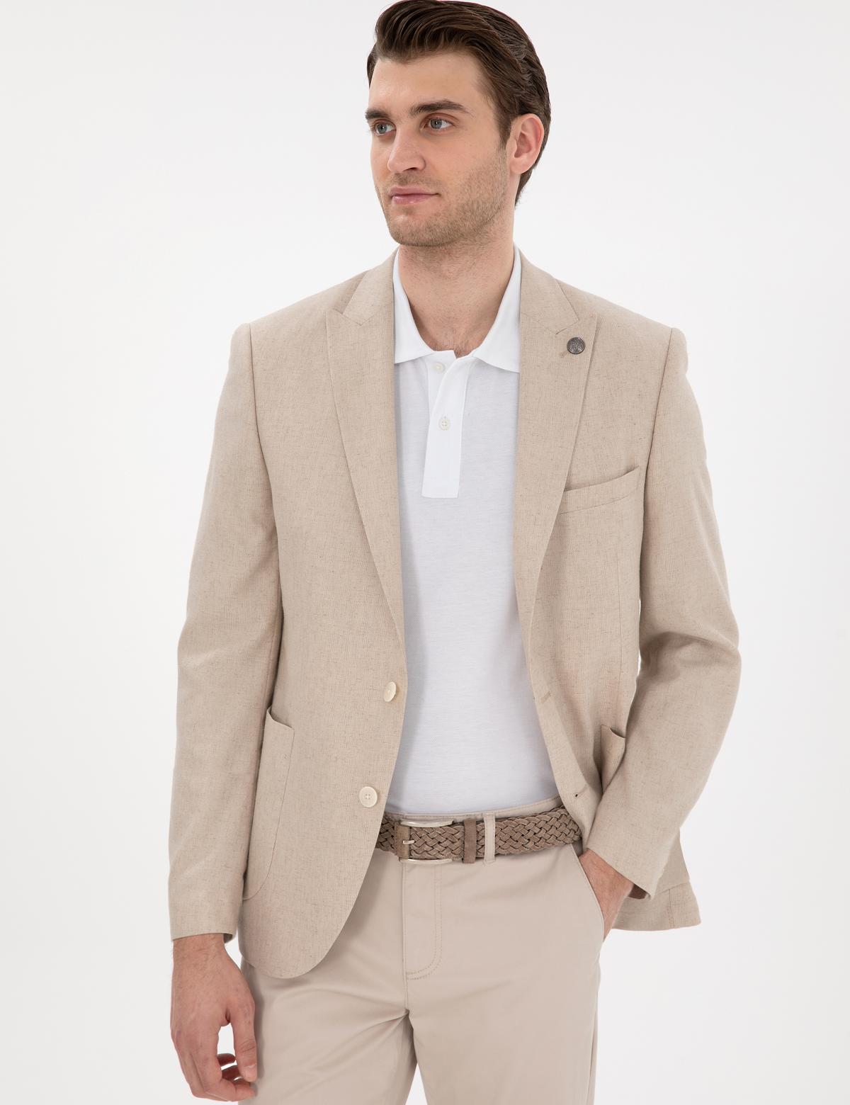 Bej Ex. Slim Fit Keten Karışımlı Ceket - 50303816116