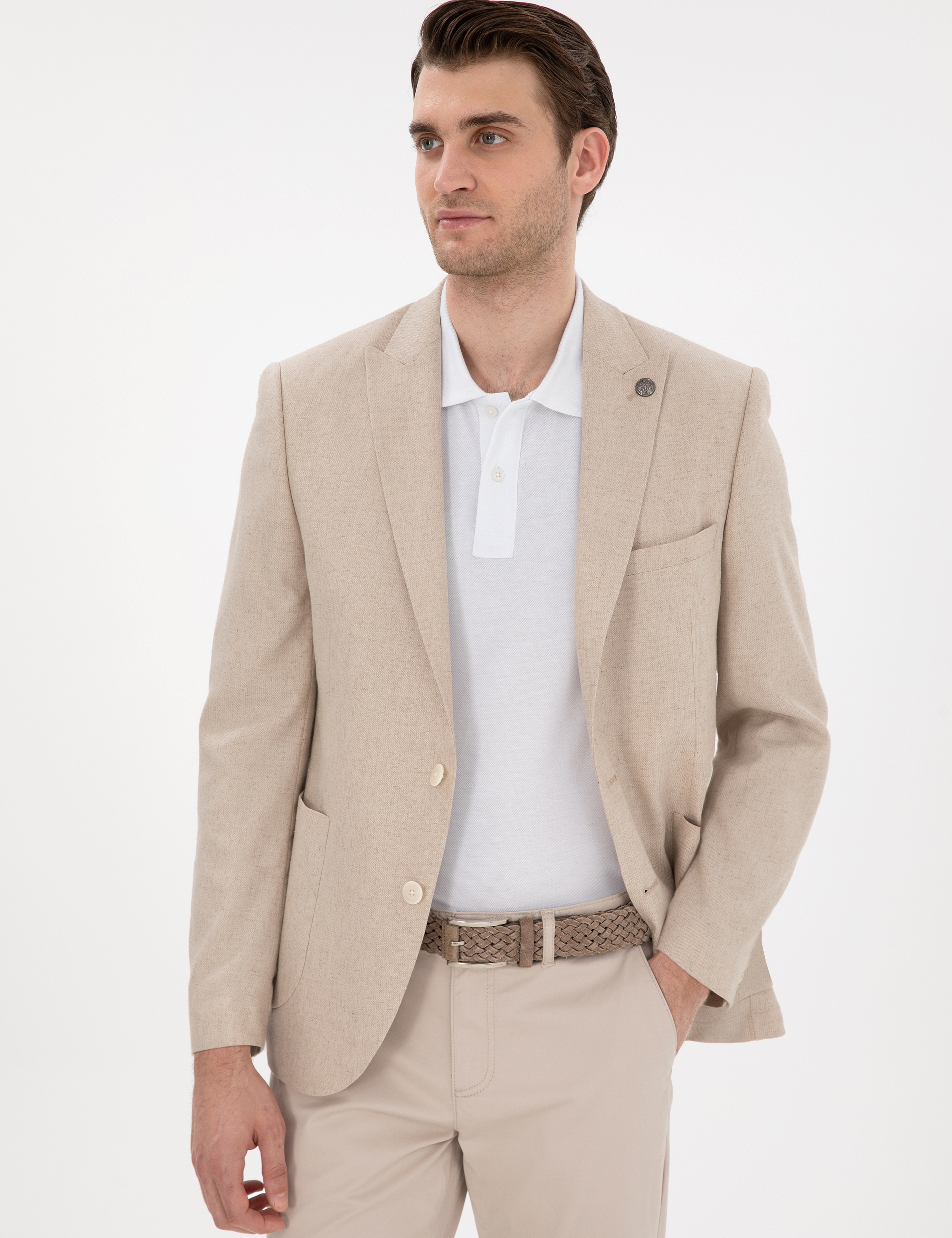 Bej Extra Slim Fit Keten Karışımlı Ceket