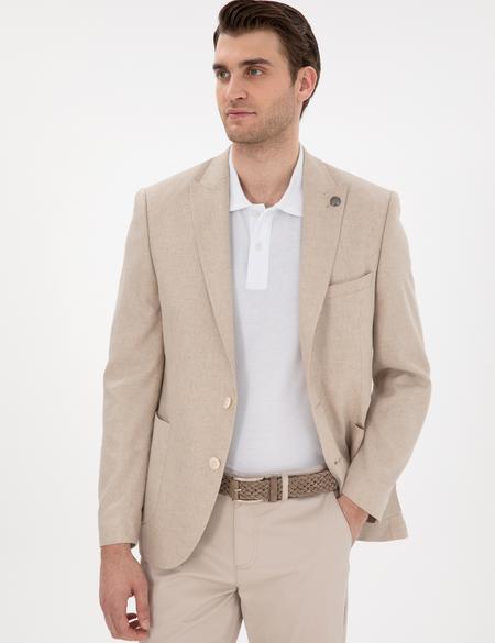 Bej Ex. Slim Fit Keten Karışımlı Ceket - 50303816116