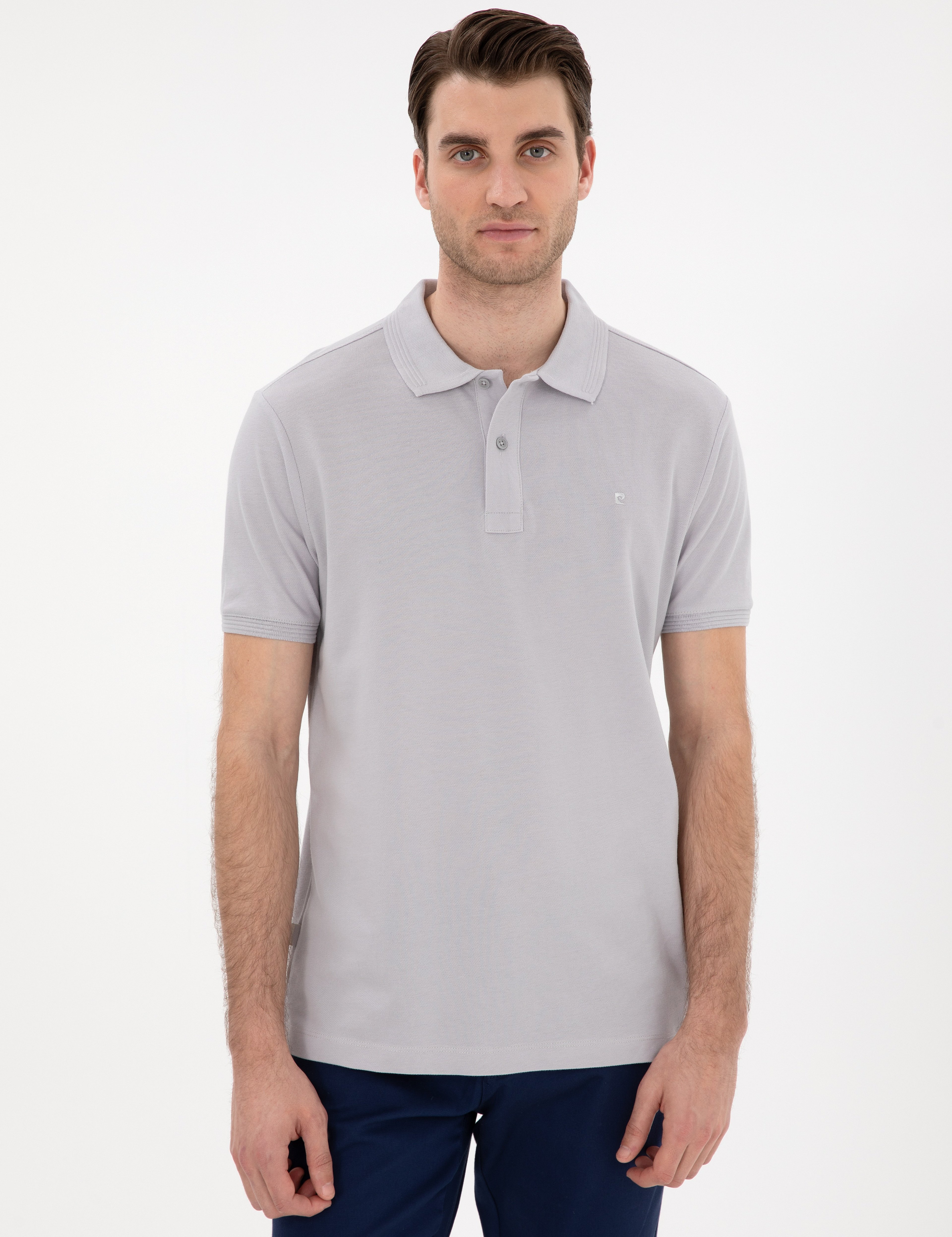 Açık Gri Slim Fit %100 Pamuk Kıvrılmaz Polo Yaka Basic Tişört