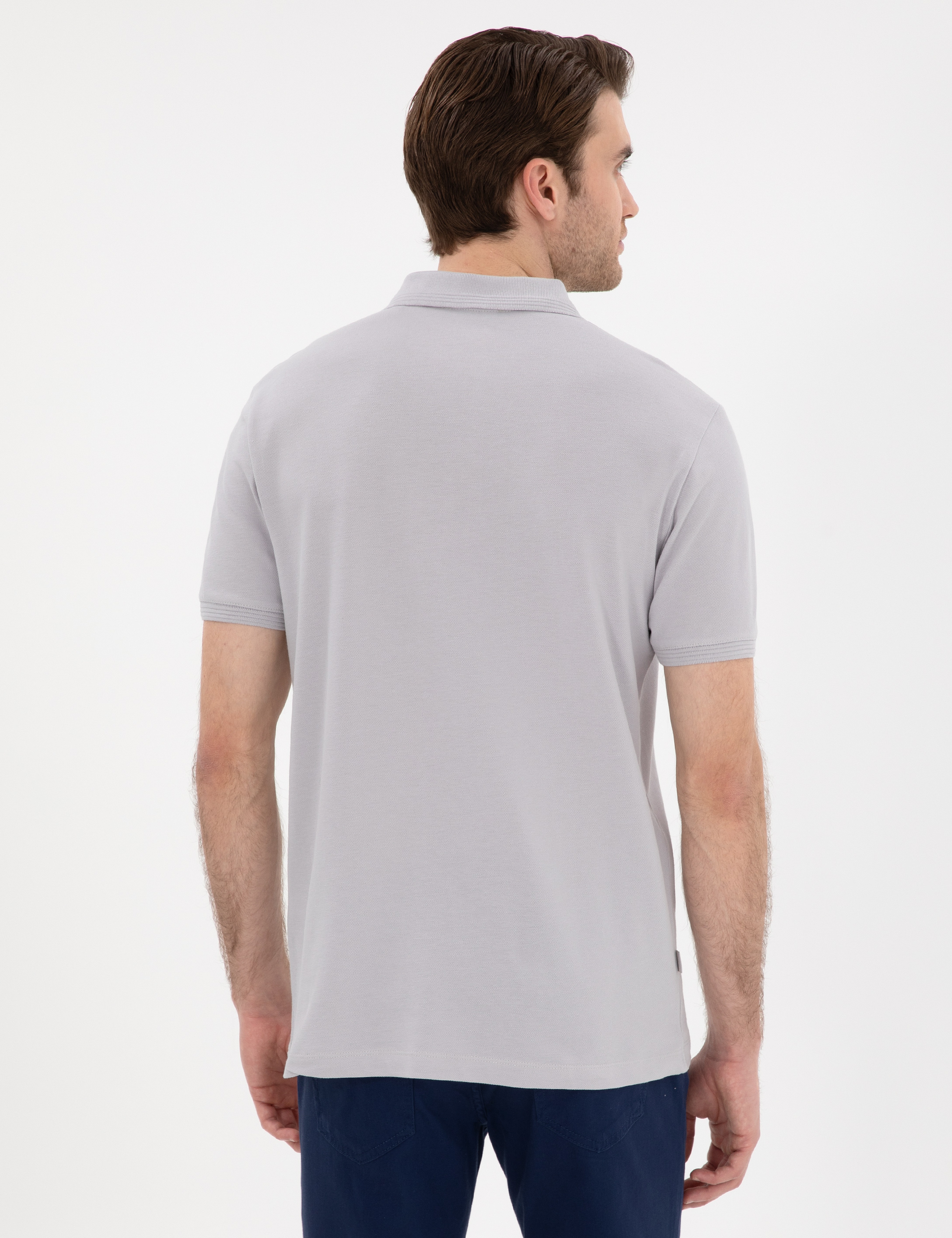 Açık Gri Slim Fit %100 Pamuk Kıvrılmaz Polo Yaka Basic Tişört - Image 5