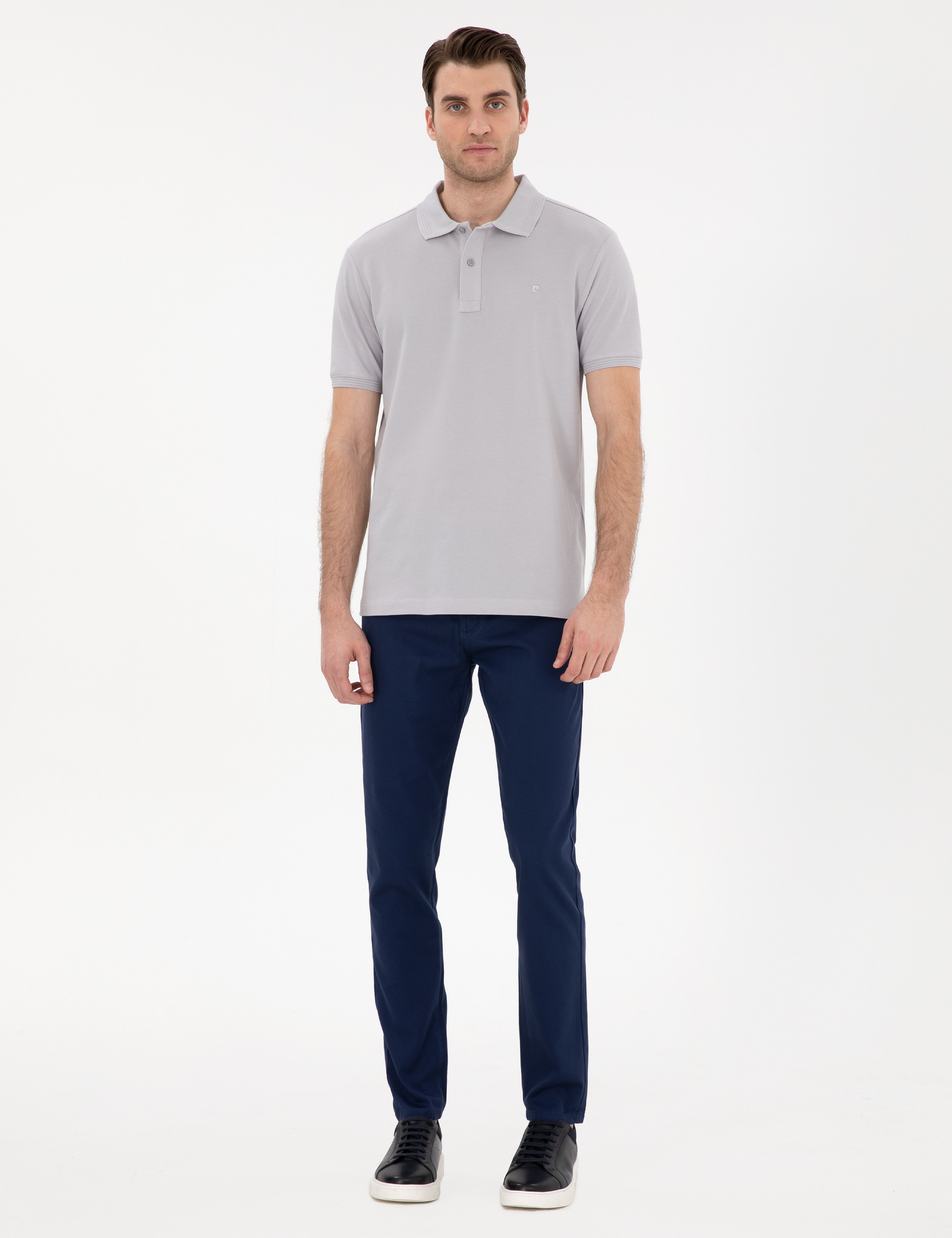 Açık Gri Slim Fit %100 Pamuk Kıvrılmaz Polo Yaka Basic Tişört