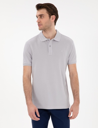 Açık Gri Slim Fit %100 Pamuk Kıvrılmaz Düğmeli Polo Yaka Basic Tişört