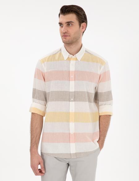 Haki Keten Karışımlı Regular Fit Uzun Kollu Gömlek - 50303448008