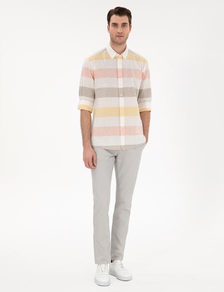 Haki Keten Karışımlı Regular Fit Uzun Kollu Gömlek - 50303448008