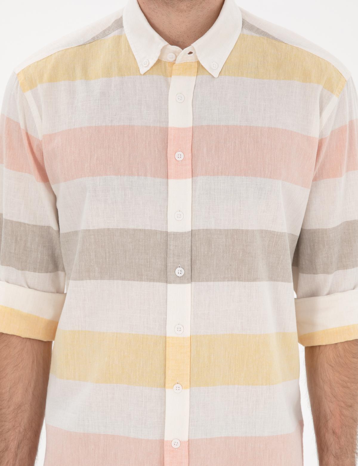 Haki Keten Karışımlı Regular Fit Uzun Kollu Gömlek - 50303448008