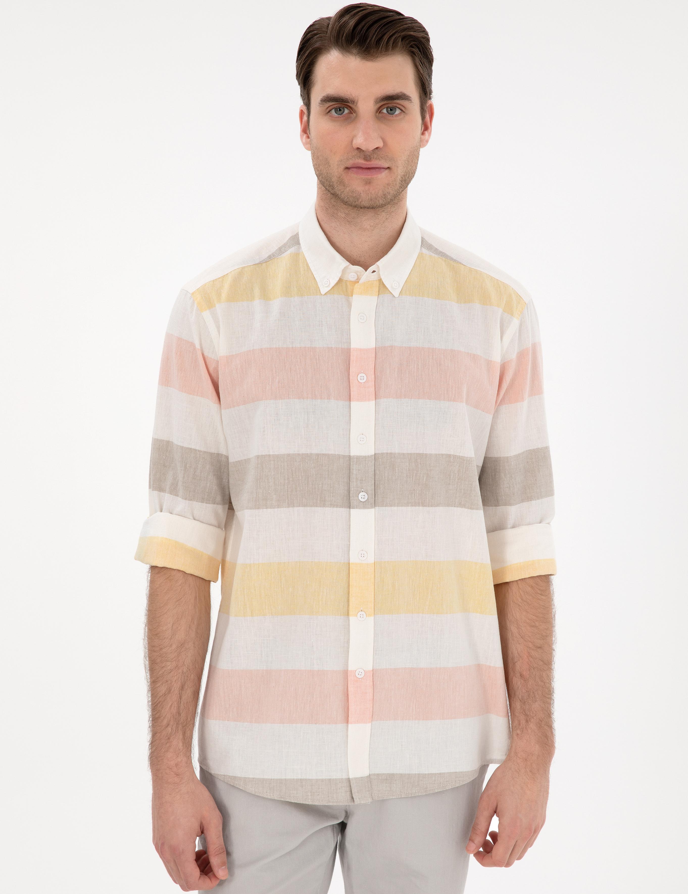 Haki Keten Karışımlı Regular Fit Uzun Kollu Gömlek