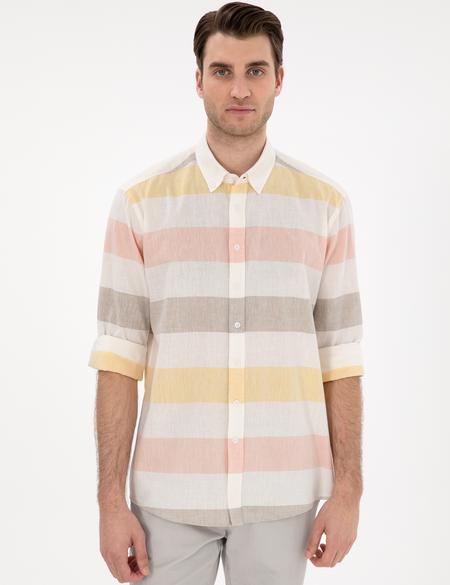 Haki Keten Karışımlı Regular Fit Uzun Kollu Gömlek - 50303448008