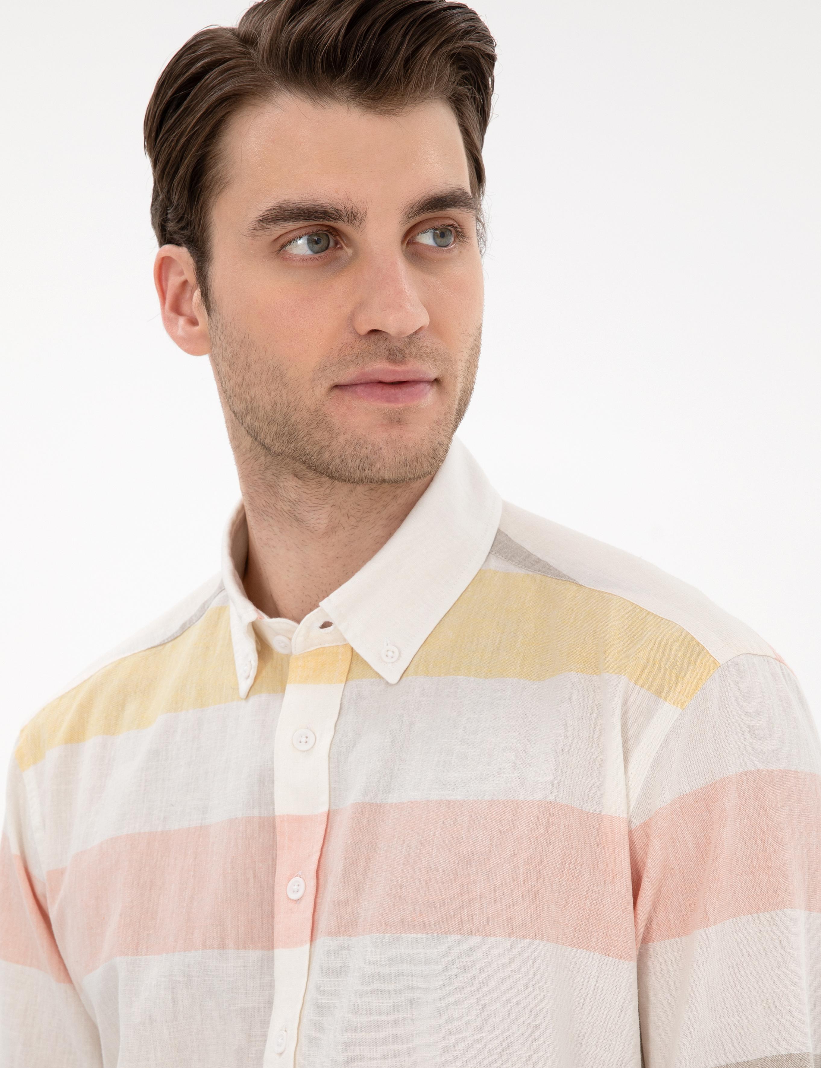 Haki Keten Karışımlı Regular Fit Uzun Kollu Gömlek