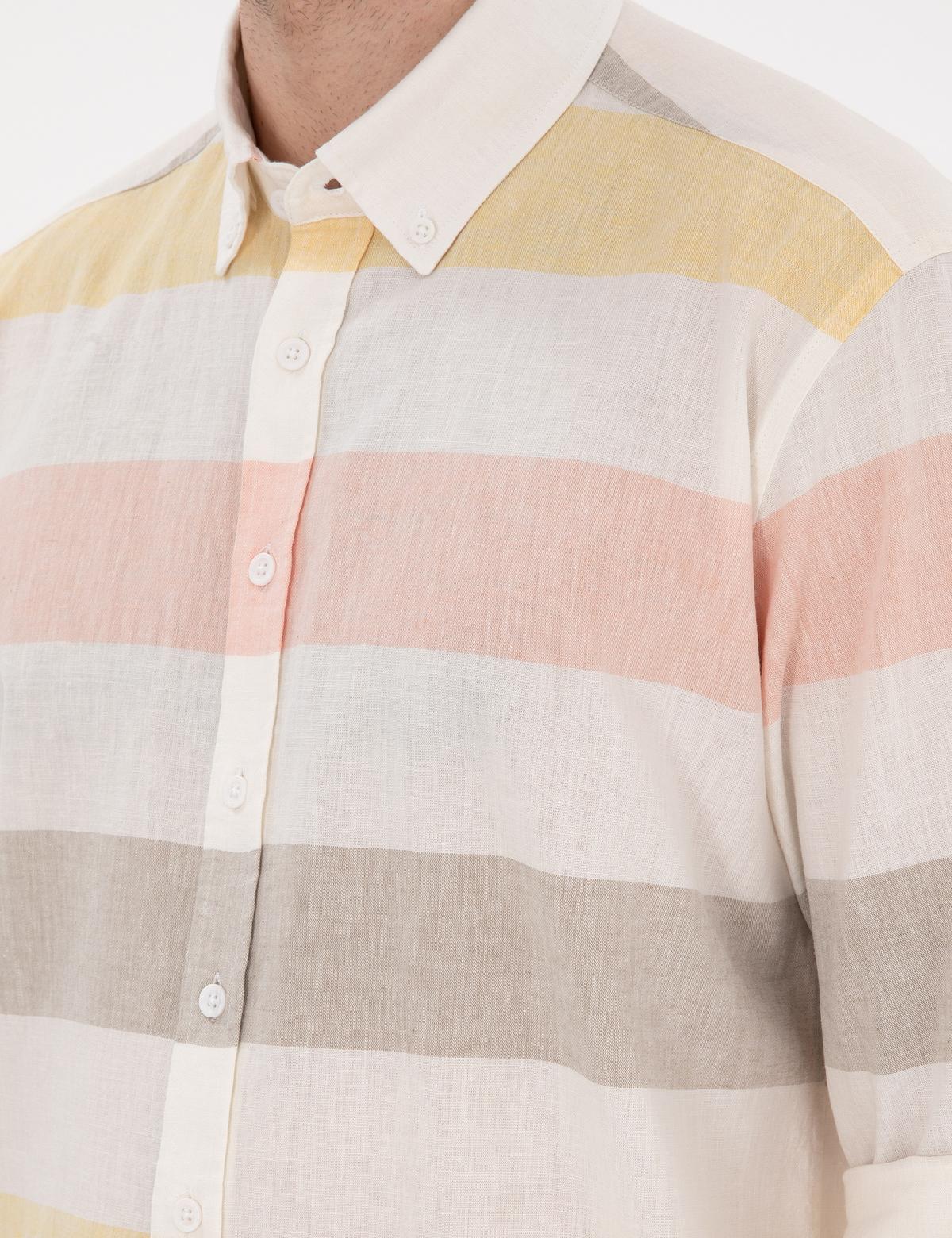 Haki Keten Karışımlı Regular Fit Uzun Kollu Gömlek - 50303448008