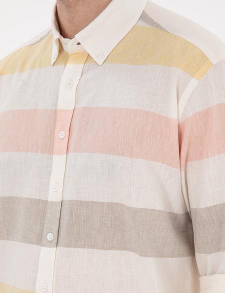 Haki Keten Karışımlı Regular Fit Uzun Kollu Gömlek - 50303448008